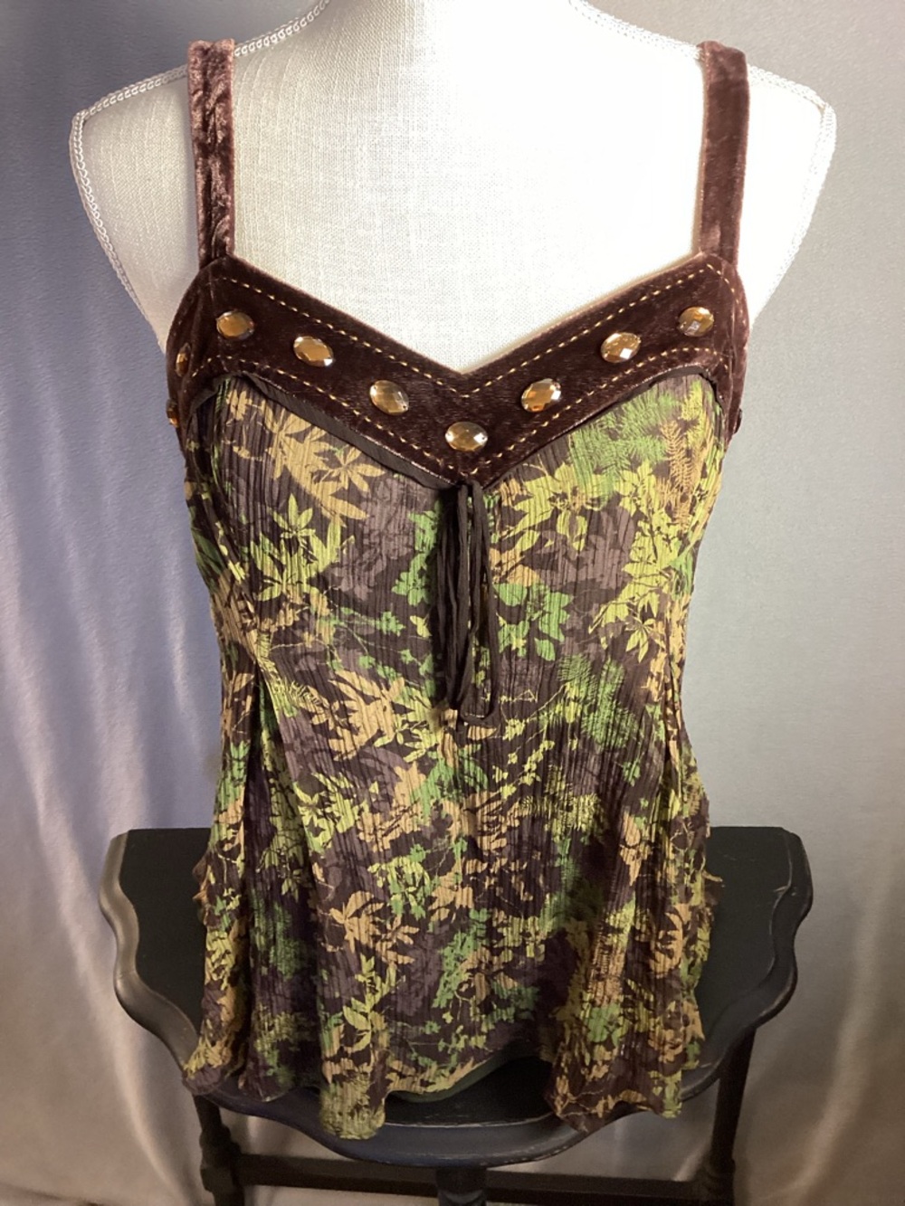 Brown Green Autumn Mist Silk Velour Babydoll Cami Tank Top VTG Y2K 90s Size 8